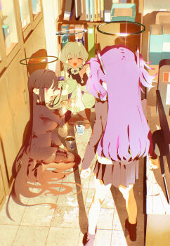 3girls ^_^ absurdres black_hair black_jacket black_pantyhose black_skirt blue_archive blush bm_tol chopsticks closed_eyes commentary facing_another grey_hair halo headgear high_heels highres holding holding_chopsticks holster indoors instant_cup_noodles instant_noodles jacket kneeling long_hair miniskirt multiple_girls noa_(blue_archive) own_hands_together pantyhose pleated_skirt purple_hair rio_(blue_archive) seminar_(blue_archive) skirt slice_of_life smile standing straight_hair thigh_holster tile_floor tiles two_side_up very_long_hair yuuka_(blue_archive)