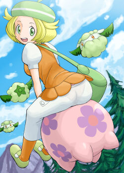 10s 1girl ass bianca_(pokemon) blonde_hair cloud cottonee forest gen_5_pokemon green_eyes looking_at_viewer looking_back mountain munna nature nintendo panties pokemoa pokemon pokemon_(creature) pokemon_bw see-through_clothes sky smile underwear