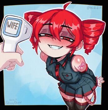 1girl ahoge black_thighhighs cat_detector_(meme) commentary detached_sleeves drill_hair english_commentary grin half-closed_eyes highres infrared_thermometer kasane_teto leaning_forward meme miniskirt naughty_face osidid pleated_skirt red_eyes red_hair shoulder_tattoo skirt smile tattoo thighhighs twin_drills twitter_username utau zettai_ryouiki