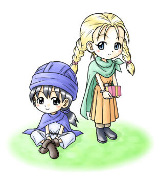 1boy 1girl aged_down belt belt_buckle bianca_(dq5) black_eyes black_hair black_shoes blonde_hair blue_cloak blue_eyes blue_turban blush boots box bracelet bracer braid brown_belt brown_boots brown_pants buckle cape child cloak closed_mouth commentary commentary_request crossed_legs dragon_quest dragon_quest_v dress english_commentary full_body gift gift_box gochan grass green_cape hair_tie hero_(dq5) holding holding_box holding_gift jewelry long_hair looking_at_viewer low_ponytail mixed-language_commentary on_grass orange_dress pants parted_hair pleated_dress ponytail shoes sideways_glance simple_background sitting smile standing tunic twin_braids white_background white_pants white_tunic