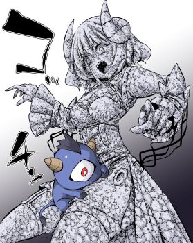 1girl breasts cleavage demon_girl demon_horns dress garter_straps highres horns iglishaina juliet_sleeves long_sleeves medium_breasts mou_yamete_kaifuku_shinaide_kenja-sama! official_art open_mouth ouminoko petrification puffy_sleeves thighhighs thighs wide_sleeves