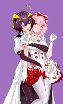 Rule 34 | 2girls, absurdres, ahoge, animal ears, aqua hair, arknights, behind another, blonde hair, blush, bow, breasts, bridal gauntlets, brown pantyhose, chinese commentary, closed mouth, clothes lift, commentary request, cowboy shot, dress, dress bow, dress lift, embarrassed, fingernails, gloves, goldenglow (arknights), goldenglow (party in the garden) (arknights), hair between eyes, hair bow, hair ornament, heads together, heart, heart hair ornament, highres, horns, lifting another's clothes, magia baiser, mahou shoujo ni akogarete, medium breasts, multicolored hair, multiple girls, nose blush, official alternate costume, orange eyes, pantyhose, pink hair, puffy short sleeves, puffy sleeves, purple background, purple eyes, purple hair, red bow, remico. (xinjinjumin0869167), short dress, short hair, short sleeves, simple background, standing, streaked hair, tongue, tongue out, white dress, white gloves, white pantyhose, yellow horns, yuri