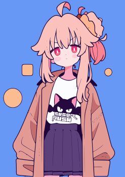 1girl absurdres ahoge blue_archive blue_background blush blush_stickers coat commentary_request cowboy_shot hair_between_eyes highres long_hair long_sidelocks looking_at_viewer natsu_(band)_(blue_archive) natsu_(blue_archive) no_halo no_sclera official_alternate_costume open_clothes open_coat otomii pink_hair pleated_skirt ponytail pout print_shirt purple_skirt red_coat red_eyes shirt sidelocks simple_background skirt solo standing t-shirt white_shirt