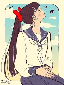 1girl bird blue_skirt blue_sky blush bow closed_mouth commentary_request hair_bow interlocked_fingers looking_up neckerchief noaki original ponytail red_bow school_uniform signature sitting skirt sky solo white_neckerchief
