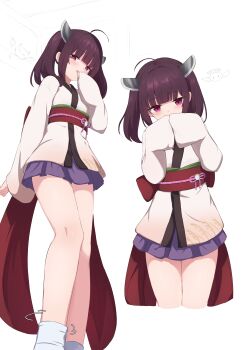 1girl absurdres ahoge bare_legs blunt_bangs bow brown_hair commentary_request hand_to_own_mouth highres horns japanese_clothes kimono large_bow laughing light_blush long_sleeves looking_at_viewer miniskirt motion_lines multiple_views obi partial_commentary purple_eyes purple_skirt red_sash ruttse sash short_hair simple_background skirt sleeves_past_fingers sleeves_past_wrists sweatdrop touhoku_kiritan twintails voiceroid white_background white_kimono wide_sleeves
