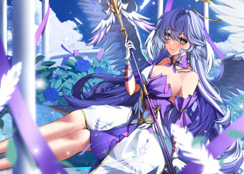 1girl absurdres aqua_hair breasts closed_mouth collarbone dress earrings feathered_wings feet_out_of_frame gloves green_eyes hair_between_eyes hair_intakes halo head_wings highres holding holding_polearm holding_weapon honkai:_star_rail honkai_(series) jewelry light_blush long_hair medium_breasts multiple_wings musical_staff musical_staff_print polearm robin_(honkai:_star_rail) smile solo strapless strapless_dress usagi_(taiwan) very_long_hair weapon white_dress white_gloves white_wings wings yellow_halo
