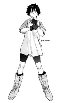 Rule 34 | 1girl, absurdres, bike shorts, closed mouth, dragon ball, dragonball z, eisuke (gobangai hole boys), fingerless gloves, full body, gloves, greyscale, highres, looking at viewer, monochrome, shirt, short hair, simple background, smile, solo, videl, white background, white shirt