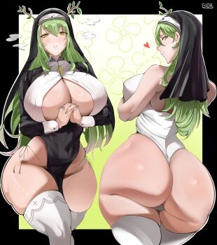 1girl antlers ass ass_focus bare_shoulders blush breasts ceres_fauna from_behind gior_dannn green_hair hololive hololive_english horns huge_ass huge_breasts leotard long_hair looking_at_viewer looking_back nun nun_headdress parted_lips sideboob solo thick_thighs thighhighs thighs thong thong_leotard very_long_hair virtual_youtuber