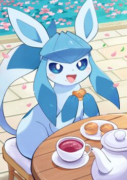 absurdres animal_focus blue_eyes blue_fur blue_sclera blush colored_sclera cup eating flower food food_on_face full_body gen_4_pokemon glaceon highres holding holding_food komanychi looking_at_viewer nintendo no_humans open_mouth outdoors petals pokemon pokemon_(creature) pokemon_focus saucer sitting smile solo tail teacup teapot