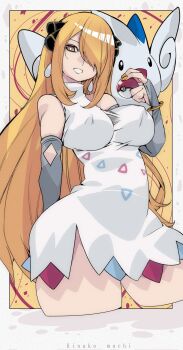 1girl 1other alternate_breast_size_(larger) bangle blonde_hair bracelet breasts commentary cowboy_shot cynthia_(pokemon) dress elbow_gloves english_text gen_4_pokemon gloves grey_gloves hair_ornament hair_over_one_eye highres holding holding_poke_ball jewelry kinakomochi_(user_vedc2333) large_breasts long_hair looking_down nintendo one_eye_covered poke_ball poke_ball_(basic) pokemon pokemon_(creature) pokemon_dppt short_dress smile symbol-only_commentary thick_thighs thighs togekiss wings yellow_eyes