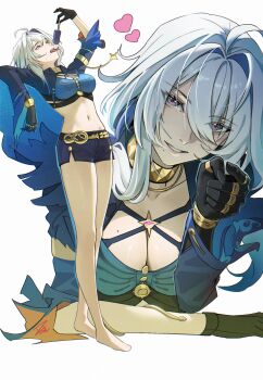 1girl absurdres arm_up bare_legs barefoot black_gloves black_nails black_shorts blue_bra blue_hair bra breasts cleavage colored_inner_hair commentary english_commentary fingernails food galbrena_(wuthering_waves) gloves grey_hair hair_between_eyes heart highres holding holding_food holding_popsicle iqbqlz large_breasts legs looking_at_viewer medium_hair mole mole_on_breast mole_under_mouth multicolored_hair multiple_views navel parted_lips popsicle purple_eyes shorts smile stomach thighs tongue tongue_out underwear wuthering_waves