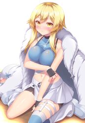 Rule 34 | 1girl, arms under breasts, artist request, blonde hair, blush, breasts, embarrassed, genshin impact, highres, large breasts, lumine (genshin impact), sitting, skirt, solo, white background, white skirt, yellow eyes
