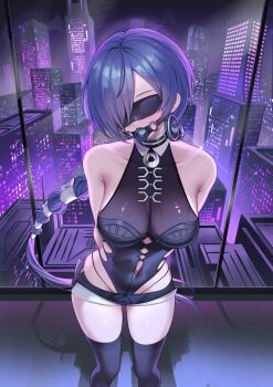 1girl absurdres arms_behind_back ball_gag black_boots black_leotard blindfold boots breasts building cityscape commentary_request earrings gag gagged highres jewelry kmos large_breasts leotard long_hair looking_at_viewer micro_shorts promeia_(zenless_zone_zero) purple_eyes purple_hair shorts skyscraper solo thighs very_long_hair white_shorts zenless_zone_zero