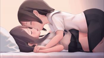 2girls 3d animated animated_gif bent_over black_skirt brown_hair kodomo_doushi closed_eyes clothes_lift custom_udon dot_nose female_focus flat_chest french_kiss from_side girl_on_top hair_clipper interlocked_fingers kiss loli long_hair looping_animation lying medium_hair multiple_girls no_panties on_back on_bed original pillow pleated_skirt sailor_collar school_uniform serafuku shirt short_sleeves skirt skirt_lift white_shirt yuri