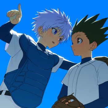2boys ball baseball_(object) baseball_glove baseball_uniform black_hair blue_background blue_eyes brown_eyes chest_protector closed_mouth commentary_request eye_contact gon_freecss holding holding_ball hunter_x_hunter killua_zoldyck korean_commentary looking_at_another male_focus multiple_boys open_mouth pointing sangchukun shirt simple_background sportswear sweat teeth white_hair white_shirt