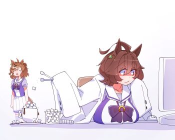 2girls agnes_tachyon_(umamusume) ahoge animal_ears braid breasts brown_hair chemical_structure cup earrings hair_between_eyes hair_ornament half_up_braid half_up_half_down_braid heart highres horse_ears horse_girl horse_tail in_container in_cup jewelry jungle_pocket_(umamusume) kaijin_debeso lab_coat large_breasts long_sleeves medium_hair multiple_girls notched_ear saucer school_uniform shaded_face short_hair simple_background single_earring sleeves_past_wrists sugar_cube tail tea teacup too_many tracen_school_uniform umamusume white_background wolf_cut