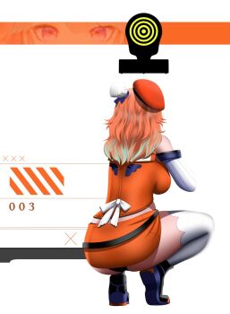 1girl bare_shoulders black_shoes blackcapbandit chef_hat detached_sleeves earrings feather_earrings feathers goddess_of_victory:_nikke gradient_hair green_hair hat highres hololive hololive_english jewelry long_hair looking_at_viewer mini_chef_hat multicolored_hair multiple_hats orange_hair orange_hat orange_skirt shoe_soles shoes shooting_range skirt solo spread_legs squatting takanashi_kiara takanashi_kiara_(1st_costume) target target_practice thighhighs thighs virtual_youtuber