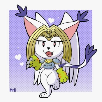 armor breastplate chibi digimon digimon_(creature) digimon_adventure_02 heart heart-shaped_pupils nefertimon open_mouth purple_background shoulder_armor standing symbol-shaped_pupils white_fur wings