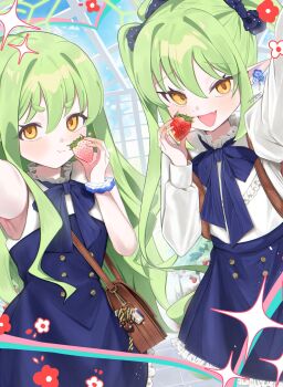 2girls bag blue_archive blue_ribbon blue_scrunchie blue_skirt blue_sky blush brown_bag buttons chewing closed_mouth commentary_request cowboy_shot dot_nose double-breasted earrings elf fang flower food fruit green_hair hair_between_eyes high-waist_skirt highres hikari_(blue_archive) holding holding_food holding_fruit jewelry long_hair looking_at_viewer multiple_girls neck_ribbon nozomi_(blue_archive) open_mouth pointy_ears reaching reaching_towards_viewer red_flower ribbon scrunchie selfie shirt shoulder_bag siblings signature skin_fang skirt sky sparkle standing strawberry tsushima_shigure twins twintails white_flower white_shirt wispy_bangs wrist_scrunchie yellow_eyes