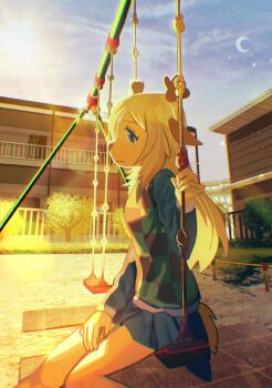 1girl antlers blue_eyes building bush checkered_sweater_vest cloud crescent_moon deer_antlers deer_girl deer_tail deltarune freckles frown furry furry_female grass hand_on_own_thigh hand_up highres horns lens_flare looking_at_viewer moon noelle_holiday on_swing outdoors sitting skirt sky solo swing tail utdr_(toby_fox) valve_core