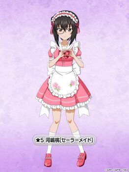 1girl alternate_costume apron black_hair blush bow bowtie breasts brown_eyes character_name collarbone dress enmaided floral_print frilled_dress frills full_body girls_und_panzer girls_und_panzer_senshadou_daisakusen! gradient_background hair_between_eyes heart heart_hands kawashima_momo large_bow legs loafers looking_at_viewer maid maid_apron maid_headdress monocle official_art pink_dress pink_ribbon pink_shoes plaid_bow plaid_bowtie plaid_clothes puffy_short_sleeves puffy_sleeves purple_background red_bow red_bowtie ribbon sailor_collar sash shoes short_hair short_sleeves socks standing thighs translated white_apron white_bow white_sailor_collar white_sash white_socks