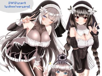 3girls anniversary arm_up armpits black_bodystocking black_dress black_hair black_pantyhose black_sleeves black_veil blue_eyes blush bodystocking braid braided_twintails breasts brown_eyes brown_hair cleavage collar commentary_request creature_on_head detached_collar detached_sleeves dress flower haanja_(sinisistar) hair_flower hair_ornament hand_on_own_thigh highres large_breasts leaning_forward lelia_(sinisistar) long_hair looking_at_viewer multiple_girls nun one_eye_closed pantyhose peeking_out rabiane_(sinisistar) short_dress sinisistar sinisistar_2 smile standing thighs twin_braids twintails v veil very_long_hair white_collar yusutelia