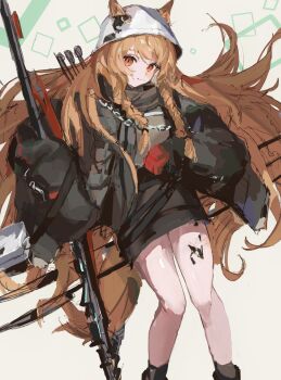 1girl animal_ears arknights bag black_coat braid brown_hair ceobe_(arknights) ceobe_(unfettered)_(arknights) chain closed_mouth coat commentary_request dog_ears dog_girl dog_tail dolphin_earrings ears_through_headwear gloves green_background hat head_tilt highres holding holding_polearm holding_weapon long_hair looking_at_viewer material_growth oripathy_lesion_(arknights) oversized_clothes polearm red_eyes red_gloves sankichi_(croquette_crab) smile solo spear square tail twin_braids very_long_hair weapon white_hat