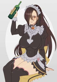 1girl absurdres alternate_costume arm_up black_hair blush bottle breasts cryptid_crab fire_emblem fire_emblem_fates fire_emblem_heroes highres kagero_(fire_emblem) kagero_(halloween)_(fire_emblem) large_breasts maid maid_headdress nintendo official_alternate_costume one_eye_covered ponytail puffy_sleeves simple_background sitting smile thighhighs