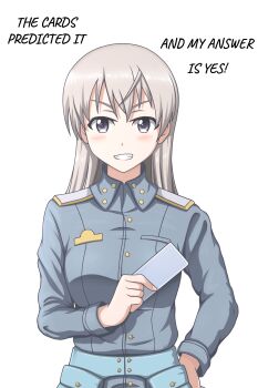 1girl absurdres blue_eyes blush breasts card confession eila_ilmatar_juutilainen english_text female_focus grin hand_on_own_hip hattorin highres large_breasts long_hair looking_at_viewer military_uniform playing_card simple_background smile solo strike_witches upper_body white_background white_hair world_witches_series
