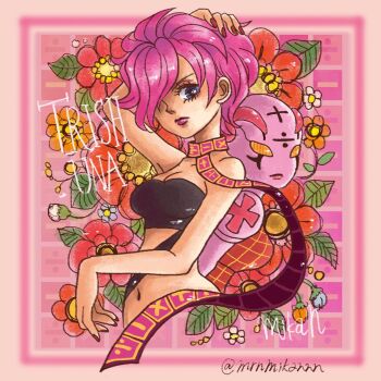 1girl bandeau black_bandeau blue_eyes character_name closed_mouth commentary_request cropped_torso eyelashes flower hair_over_one_eye highres jojo_no_kimyou_na_bouken looking_at_viewer mrnmikannn pink_hair red_nails scarf signature spice_girl_(stand) stand_(jojo) trish_una twitter_username