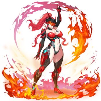 1girl action_taimanin armored_boots armored_leotard artist_request astaroth_(taimanin_asagi) astaroth_(threshold) boots breast_tattoo breasts cleavage curvy elbow_gloves fire gloves high_ponytail highres huge_breasts impossible_clothes leotard lilith-soft long_hair navel non-web_source official_art ponytail revealing_clothes solo taimanin_(series) tattoo thong_leotard transparent_background visor_(armor)