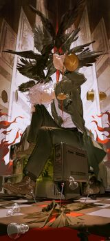 Rule 34 | 1boy, absurdres, balance scale, bird, black bird, black pants, brown jacket, brown shoes, bullet, checkered floor, chess piece, chinese commentary, closed mouth, coat, commentary request, crow, crt, danganronpa (series), danganronpa 2: goodbye despair, fire, hand on own knee, head rest, highres, jacket, knee up, komaeda nagito, llanz, looking at viewer, male focus, messy hair, monokuma, open clothes, open coat, pants, pawn (chess), shirt, shoes, sitting, solo, weighing scale, white hair, white shirt