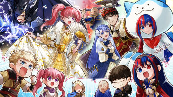 1other 3boys 4girls axe bald berkut_(fire_emblem) blonde_hair blue_eyes blue_hair closed_eyes commentary cosplay english_commentary female_alear_(fire_emblem) fire_emblem fire_emblem:_shadow_dragon_and_the_blade_of_light fire_emblem:_the_binding_blade fire_emblem_awakening fire_emblem_echoes:_shadows_of_valentia fire_emblem_engage fire_emblem_heroes heterochromia highres holding holding_axe holding_weapon itagaki_hako kiran_(fire_emblem) long_hair multicolored_hair multiple_boys multiple_girls nintendo official_art old old_man open_mouth owain_(fire_emblem) pink_hair purple_eyes red_hair rinea_(fire_emblem) second-party_source serra_(fire_emblem) short_hair sommie_(fire_emblem) sommie_(fire_emblem)_(cosplay) split-color_hair twintails weapon wrys_(fire_emblem)