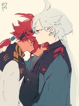 2girls asticassia_school_uniform black_hairband green_jacket grey_eyes gundam gundam_suisei_no_majo hairband head_on_another&#039;s_shoulder jacket long_hair miorine_rembran multiple_girls ponytail red_hair school_uniform simple_background suletta_mercury surfacedxxc upper_body white_hair white_jacket yellow_background yuri