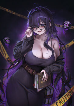 1girl absurdres arm_warmers black_arm_warmers black_dress black_hair book breasts caution_tape cleavage commentary_request dress glasses goddess_of_victory:_nikke highres holding holding_book huge_breasts keep_out label_(nikke) long_hair looking_at_viewer messy_hair mole mole_on_breast multicolored_hair phusit purple_eyes purple_hair skull solo two-tone_hair very_long_hair