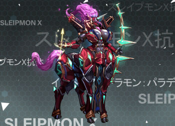 Rule 34 | 1girl, absurdres, arrow (projectile), bow (weapon), breasts, centauroid, character name, commentary, digimon, digimon (creature), english commentary, genderswap, genderswap (mtf), highres, horse legs, manob0028, royal knights, sleipmon, solo, taur, weapon, x-antibody