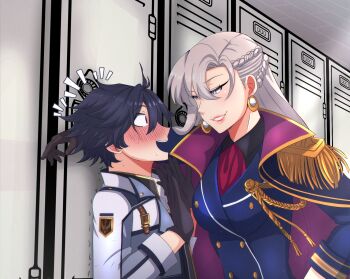 1boy 1girl 2025 against_wall ahoge aiguillette arm_up ascot aurelia_le_guin azumishard black_gloves black_hair blush braid breasts cape coat collarbone collared_coat commentary commission crown_braid curtained_hair earrings eiyuu_densetsu emblem english_commentary epaulettes floating floating_cape floating_hair gloves grin hair_between_eyes half-closed_eyes hand_on_own_hip hands_up height_difference highres indoors insignia jacket jewelry lapels large_breasts lips locker locker_room long_hair long_sleeves looking_at_another nervous nervous_sweating notice_lines open_mouth parted_bangs parted_lips peaked_lapels purple_eyes rean_schwarzer red_ascot sen_no_kiseki sen_no_kiseki_(series) sen_no_kiseki_iii smile standing sweat trembling upper_body white_coat white_hair