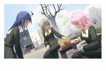3girls blonde_hair blue_eyes blue_hair breasts car cat cellphone character_request city highres holding holding_phone honkai:_star_rail honkai_(series) long_hair motor_vehicle multiple_girls open_mouth petting phone pink_hair road_sign school_uniform sign sitting small_breasts smartphone stalin_(artist) stop_sign teeth