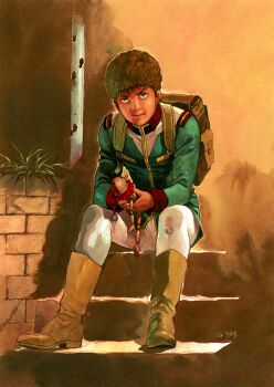 absurdres amuro_ray backpack bag boots doll earth_federation_space_forces gundam highres mecha military military_rank_insignia military_uniform non-web_source robot signature yasuhiko_yoshikazu