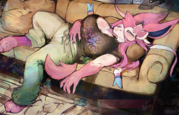 1girl :< =_= animal_ears animal_feet artist_name black_shirt blush bottle bow bowtie breasts cleavage closed_eyes clothes_writing controller couch cushion dated disembodied_hand drawstring drooling energy_drink female_focus fishnet_socks fishnets full_body furry furry_female gen_6_pokemon green_pants hair_between_eyes hair_bow hair_ribbon hand_on_own_stomach highres holding holding_remote_control indoors large_breasts long_hair loose_hair_strand lying nintendo on_back on_couch open_mouth pants personification pink_bow pink_bowtie pink_hair pink_socks pokemon pokemon_(creature) remote_control ribbon saliva scratching_stomach shirt short_sleeves sidelocks signature socks solo_focus spread_legs sweatpants sylveon tail thwillartz toeless_legwear twitter_username vince_(thwillartz) white_ribbon