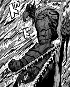 1boy chainsaw chainsaw_devil chainsaw_man commentary cowboy_shot crosshatching extra_arms from_side greyscale hatching_(texture) highres instagram_username male_focus monochrome pillarboxed seveninks sharp_teeth solo teeth