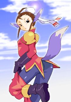 1girl animal_ears ass black_eyes black_hair black_pantyhose breath_of_fire breath_of_fire_iv bun_cover closed_mouth dress eyeshadow gloves hair_bun looking_at_viewer makeup onnaski pantyhose short_hair single_hair_bun solo tail ursula_(breath_of_fire)