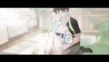 1boy 1girl animated ass bare_shoulders between_legs black_gloves blonde_hair clothed_sex controller detached_sleeves fingerless_gloves game_controller gloves gradient_hair green_eyes hair_between_eyes hetero heterochromia kiss leg_lock leur_(voisona) long_hair multicolored_hair sex sitting sound squishsuccubus tagme thorru twintails vaginal video voice_actor voisona white_sleeves yellow_eyes