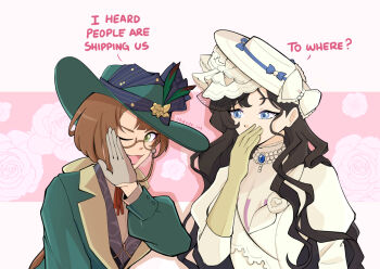 Rule 34 | 2girls, ;d, artist name, black hair, blue eyes, bow, commentary, covering own mouth, dress, english commentary, english text, eyewear strap, feathers, floral background, flower, glasses, gloves, green eyes, green feathers, green hat, green jacket, hand up, hat, hat bow, hat feather, hat flower, hayde ink, isolde (reverse:1999), jacket, juliet sleeves, kakania (reverse:1999), long hair, long sleeves, looking at another, multiple girls, neck ribbon, one eye closed, open mouth, pink background, puffy sleeves, red ribbon, reverse:1999, ribbon, semi-rimless eyewear, shirt, smile, under-rim eyewear, upper body, veil, white bow, white dress, white gloves, white hat, white shirt, white veil, yellow flower, yellow gloves