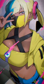 1girl aqua_hair bandeau belt black_belt black_mask black_pants blonde_hair blue_eyes blue_pants breasts canari_(pokemon) criss-cross_straps dark-skinned_female dark_skin highres hizake_mozu jacket large_breasts long_sleeves looking_at_viewer mask mega_stone mouth_mask multicolored_hair navel nintendo pants pokemon pokemon_legends:_z-a short_twintails solo split-color_hair sports_bra twintails two-tone_hair two-tone_mask two-tone_pants v yellow_bandeau yellow_jacket yellow_mask yellow_sports_bra