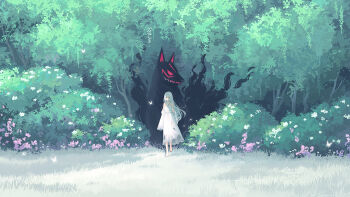 1girl barefoot borrowed_character bug bush butterfly commentary commission day dress field flower forest grey_hair hand_up highres huhv. insect long_hair monster nature original outdoors pink_flower pixiv_commission sleeveless sleeveless_dress solo straight_hair torn_clothes torn_dress tree very_long_hair walking white_dress wide_shot