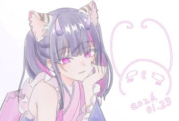 1boy animal_ear_fluff animal_ears black_hair blunt_bangs cho_kaguya-hime! commentary_request crossdressing crossdressing_(mtf) dated emoji hand_on_own_chin head_rest heart heart-shaped_pupils highres horns komazawa_noi long_hair long_sleeves looking_at_viewer male_focus multicolored_hair o3o pink_eyes second-party_source smile solo streaked_hair symbol-shaped_pupils tai_shang tiger_ears trap twintails upper_body white_background