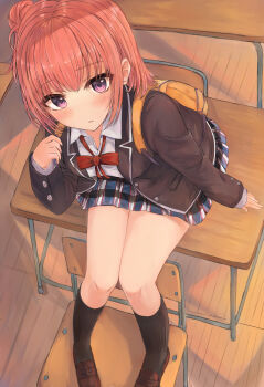 Rule 34 | 1girl, absurdres, arm support, backpack, bag, black jacket, black socks, blazer, blue skirt, blush, brown shoes, chair, collared shirt, commentary request, desk, fleur (fleur26192188), from above, highres, holding strap, jacket, loafers, long sleeves, looking at viewer, neck ribbon, on desk, orange bag, orange hair, parted lips, plaid clothes, plaid skirt, purple eyes, red ribbon, ribbon, school chair, school desk, school uniform, shirt, shoes, short hair, sitting, skirt, sobu high school uniform, socks, solo, thighs, white shirt, wooden floor, yahari ore no seishun lovecome wa machigatteiru., yuigahama yui