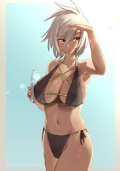 1girl arc_system_works bikini black_bikini blazblue blue_background border breasts bullet_(blazblue) cleavage double-parted_bangs food gradient_background grey_border hair_between_eyes highres holding holding_food large_breasts nail_polish navel popsicle short_hair sideboob solo swimsuit two-tone_background vialnite white_hair
