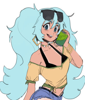 Rule 34 | 1girl, animal, aqua hair, bead necklace, beads, bikini, bikini under clothes, blue shorts, bracelet, brazilian miku, cat, collarbone, commentary, cropped shirt, earrings, english commentary, eyewear on head, halterneck, hatsune miku, highres, holding, holding animal, holding cat, jewelry, long hair, looking at viewer, midriff, navel, necklace, open mouth, shirt, sho-n-d, short shorts, shorts, simple background, solo, sunglasses, swimsuit, tan, twintails, vocaloid, white background, yellow shirt